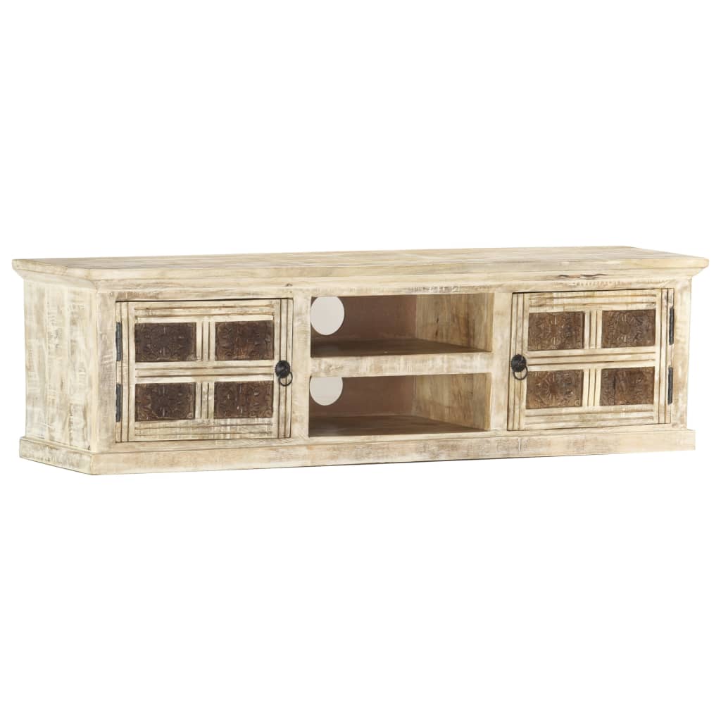 Mobile Porta TV Bianco 130x30x36 cm in Legno Massello di Mango