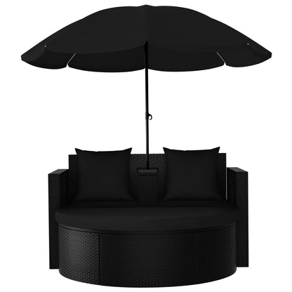 Lettino da Giardino con Ombrellone in Polyrattan Nero