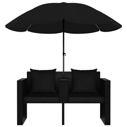 Lettino da Giardino con Ombrellone in Polyrattan Nero