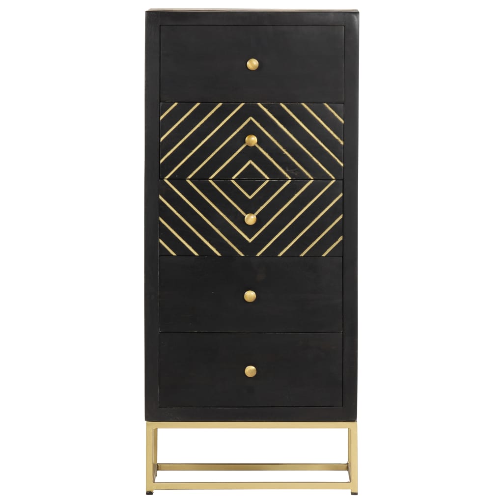 Cassettiera Nero e Oro 45x30x105 cm in Legno Massello di Mango