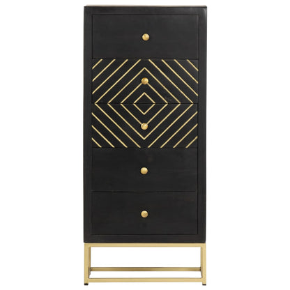Cassettiera Nero e Oro 45x30x105 cm in Legno Massello di Mango
