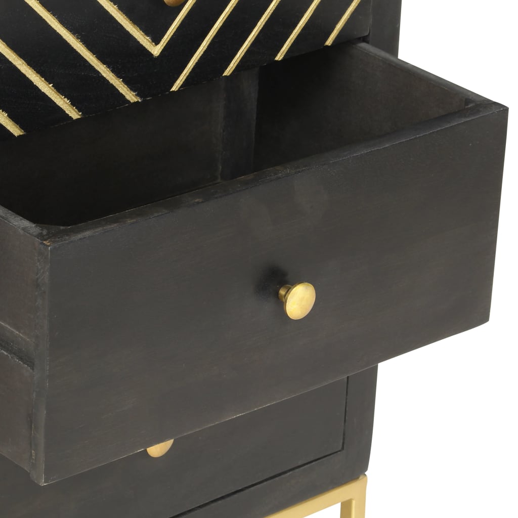 Cassettiera Nero e Oro 45x30x105 cm in Legno Massello di Mango