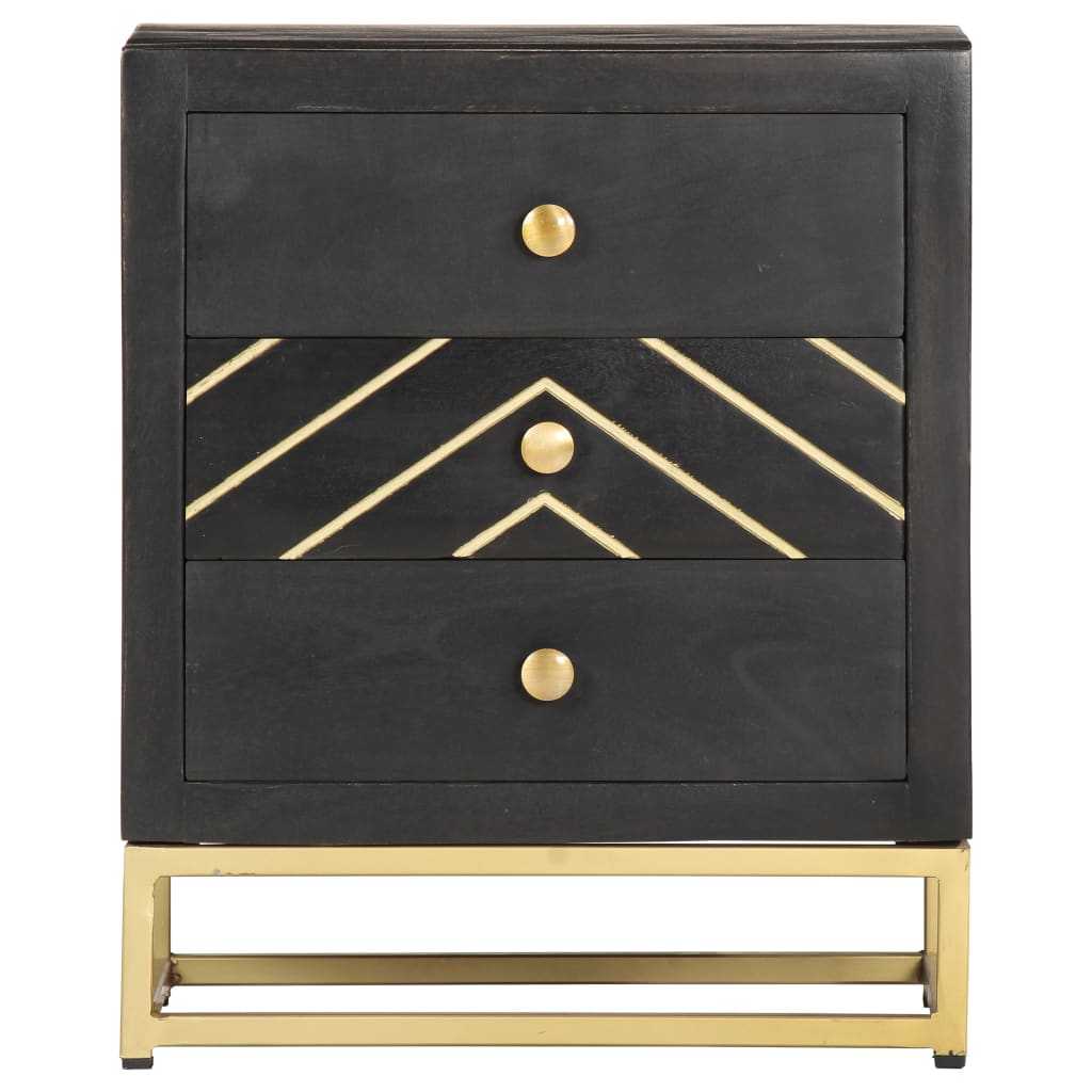 Comodino Nero e Oro 40x30x50 cm in Legno Massello di Mango