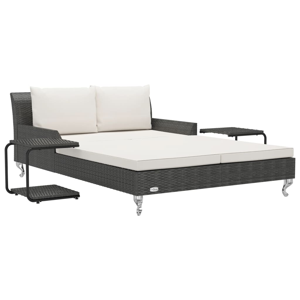 Lettino Prendisole per 2 Persone con Cuscini in Polyrattan Nero