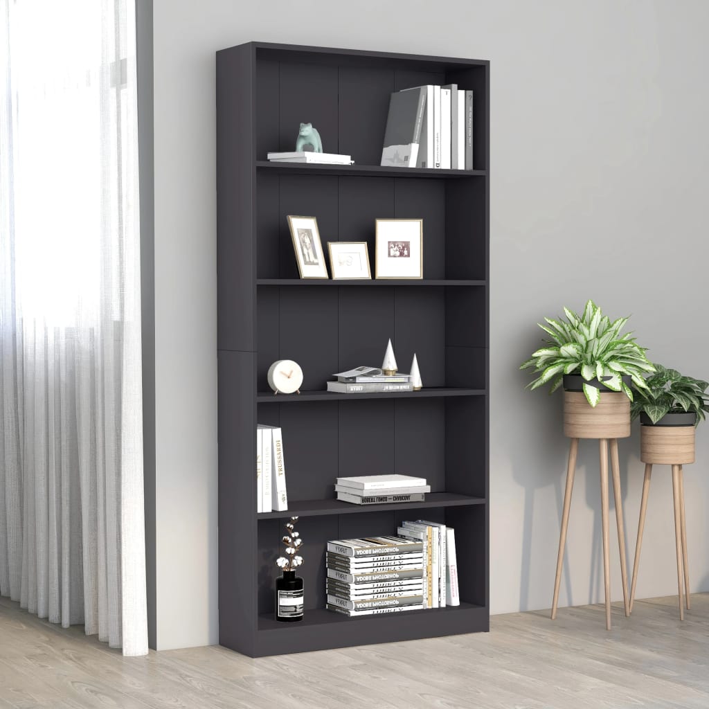 Libreria a 5 Ripiani Grigia 80x24x175 cm in Legno Multistrato