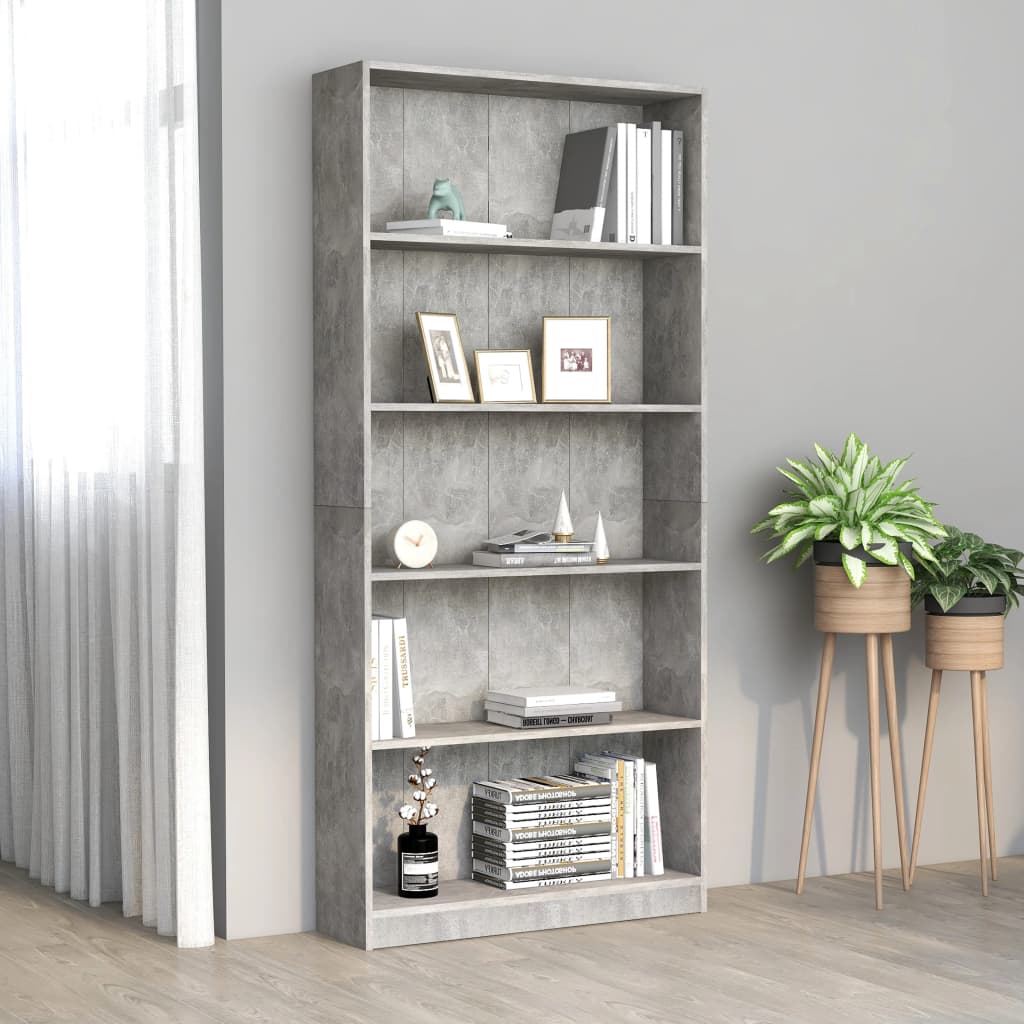 Libreria 5 Ripiani Grigio Cemento 80x24x175cm Legno Multistrato