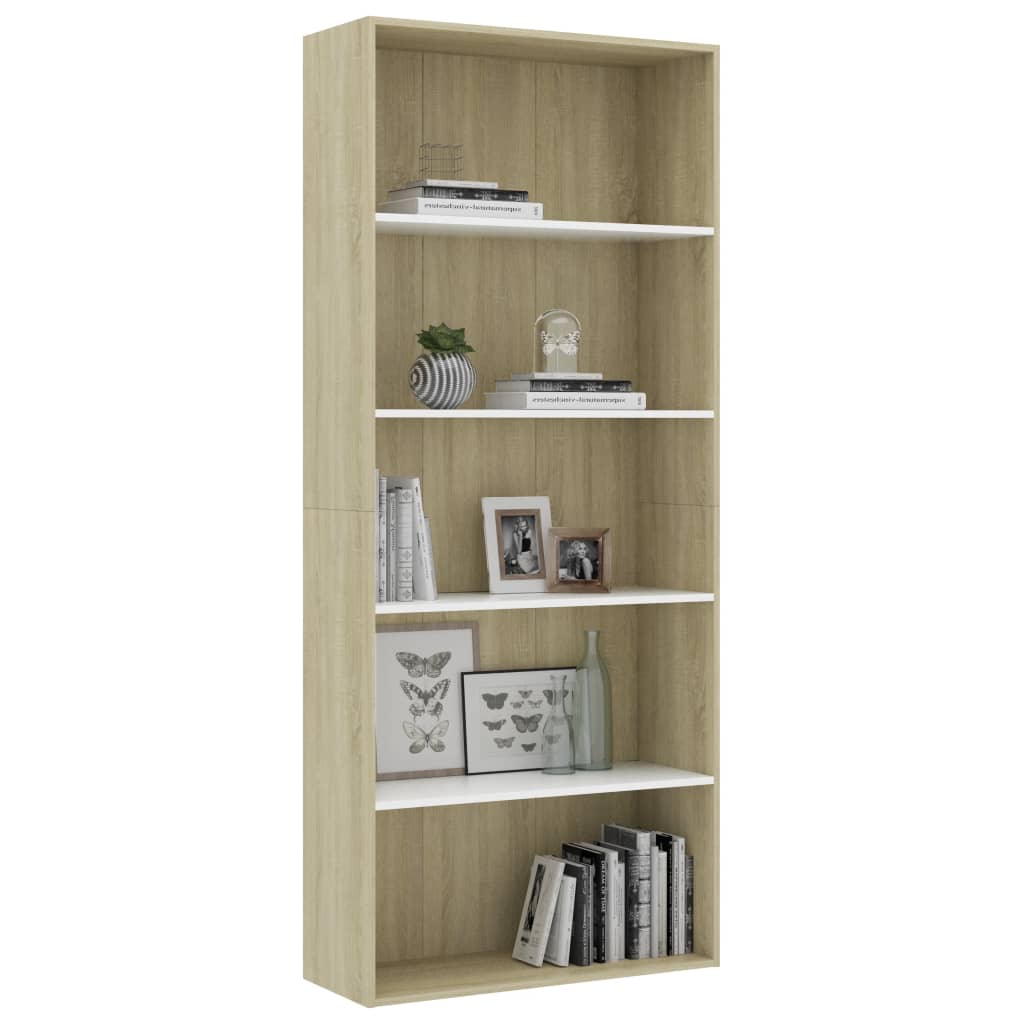 Libreria 5 Ripiani Bianco Rovere Sonoma 80x30x189cm Multistrato