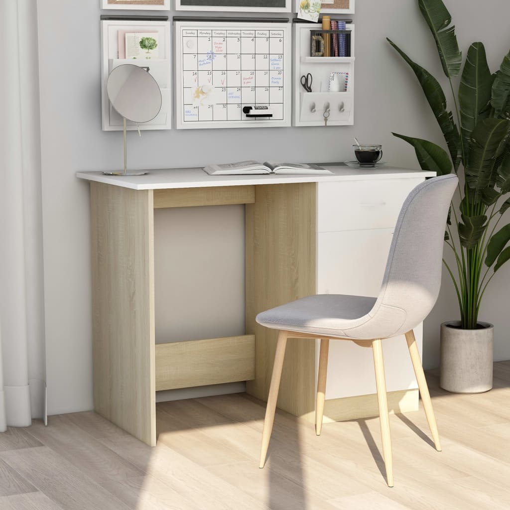 Scrivania Bianca e Rovere Sonoma 100x50x76 cm Legno Multistrato