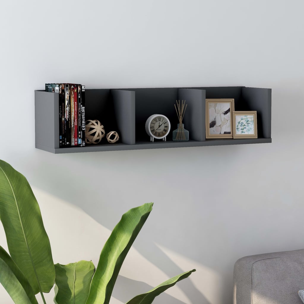 Scaffale Porta CD a Parete Grigio 75x18x18 cm Legno Multistrato