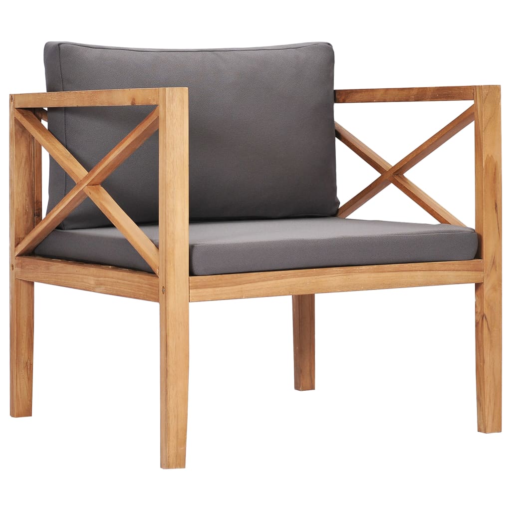Sedia da Giardino con Cuscini Grigi in Legno Massello di Teak