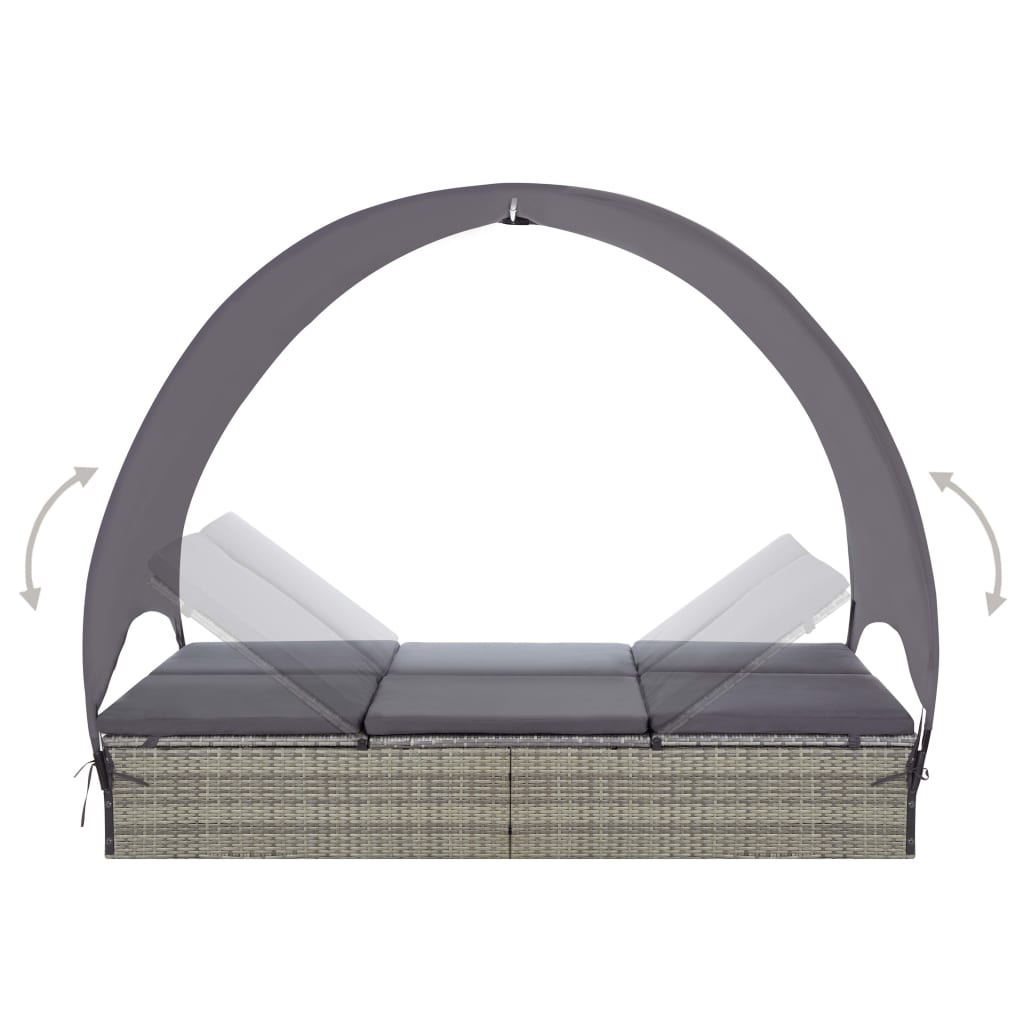 Lettino Prendisole Doppio con Baldacchino in Polyrattan Grigio