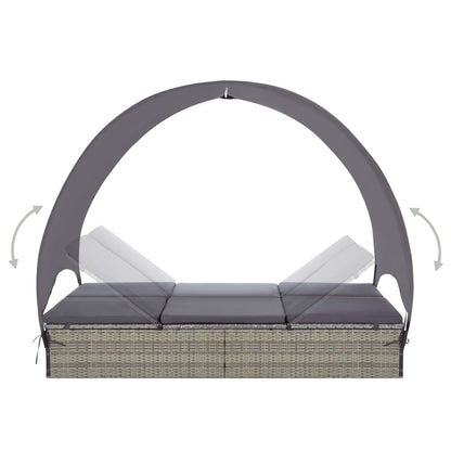 Lettino Prendisole Doppio con Baldacchino in Polyrattan Grigio