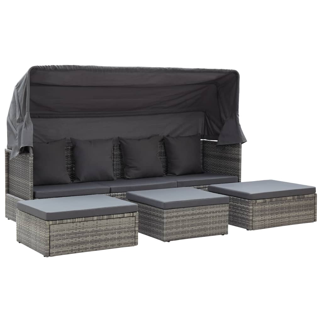Lettino da Giardino con Tettuccio in Polyrattan Grigio MÃƒÂ©lange