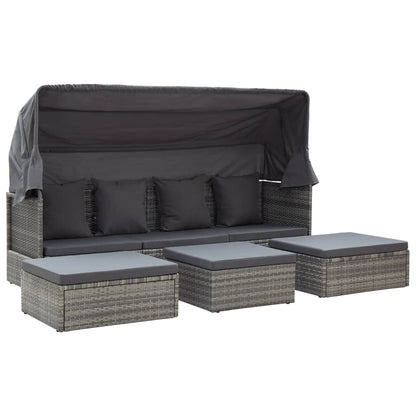 Lettino da Giardino con Tettuccio in Polyrattan Grigio MÃƒÂ©lange
