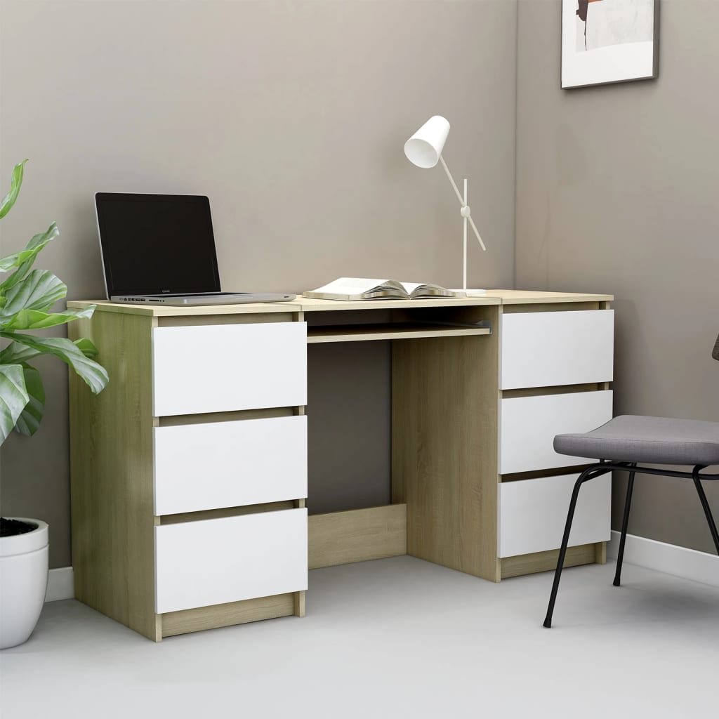 Scrivania Bianca e Rovere Sonoma 140x50x77 cm Legno Multistrato