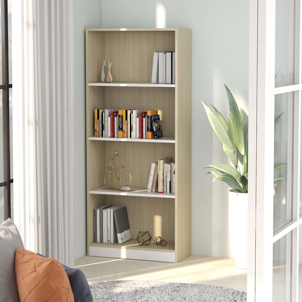 Libreria a 4 Ripiani Bianco e Sonoma 60x24x142cm in Multistrato