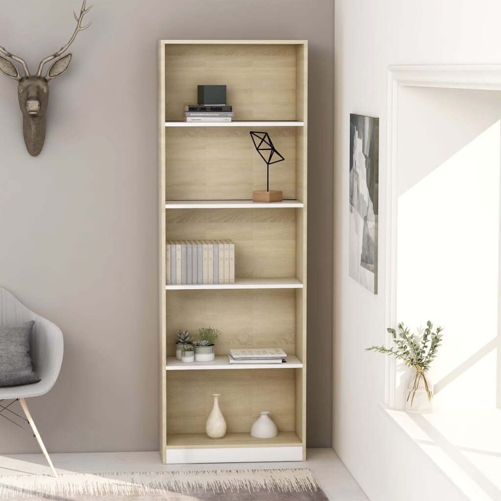 Libreria 5 Ripiani Bianco Rovere Sonoma 60x24x175cm Multistrato