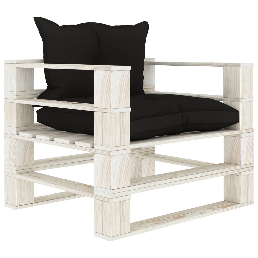 Poltrona da Giardino Pallet con Cuscini Neri in Legno