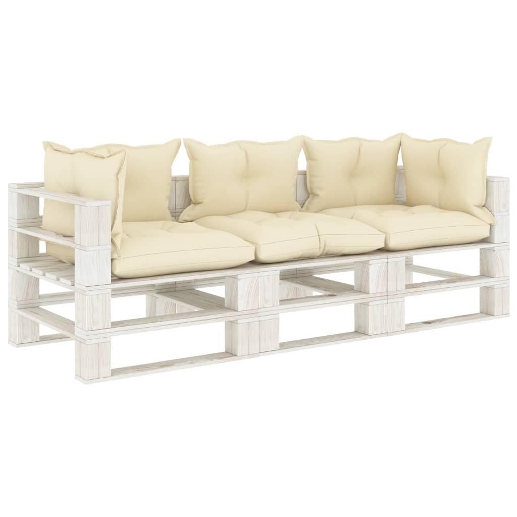 Divano da Giardino Pallet 3 Posti con Cuscini Crema in Legno