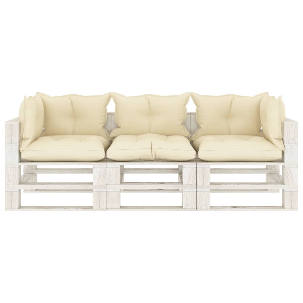 Divano da Giardino Pallet 3 Posti con Cuscini Crema in Legno