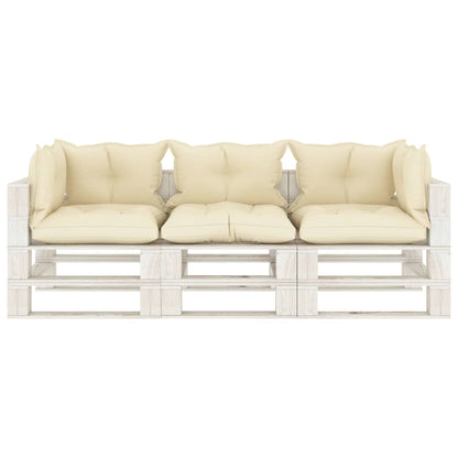 Divano da Giardino Pallet 3 Posti con Cuscini Crema in Legno