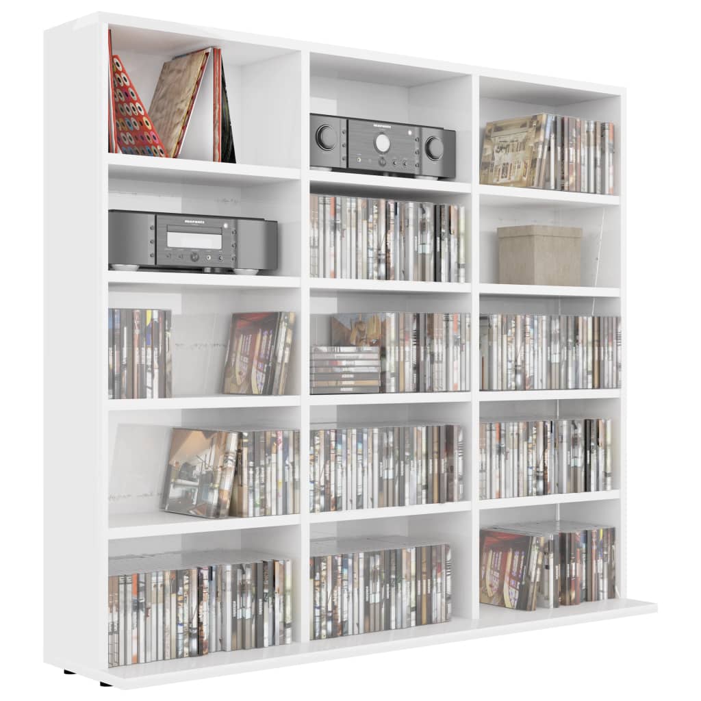 Mobile Porta CD Bianco Lucido 102x23x89,5 cm Legno Multistrato