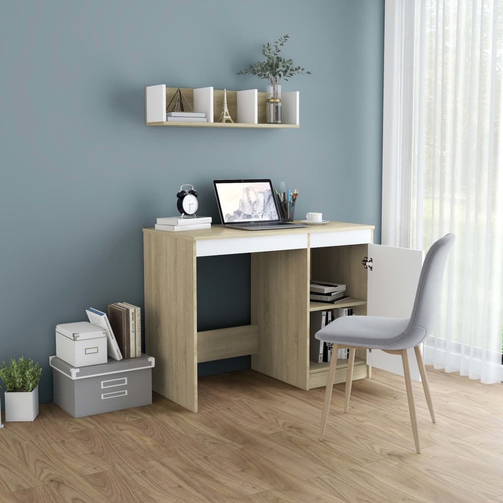 Scrivania Bianca e Rovere Sonoma 100x50x76 cm Legno Multistrato