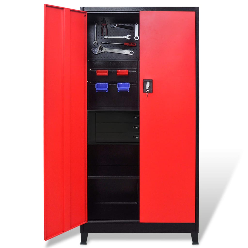 Armadio Portautensili con Cassetti 90x40x180 cm Rosso e Nero