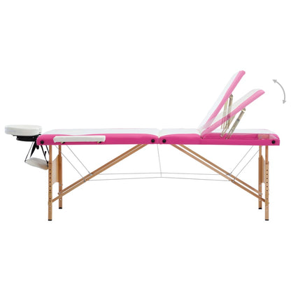 Lettino Massaggio Pieghevole a 3 Sezioni Legno Bianco e Rosa