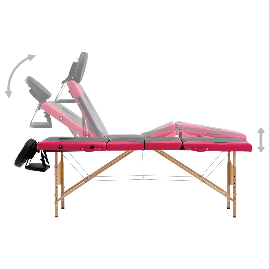 Lettino Massaggio Pieghevole a 4 Sezioni Legno Nero e Rosa