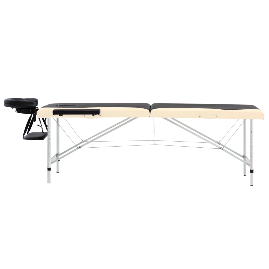 Lettino Massaggio Pieghevole 2 Zone in Alluminio Nero e Beige