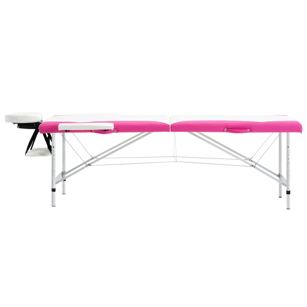 Lettino Massaggio Pieghevole 2 Zone in Alluminio Bianco e Rosa