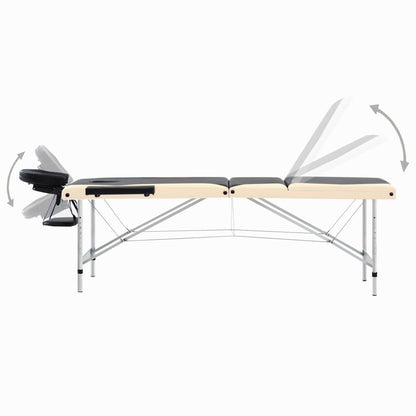 Lettino Massaggio Pieghevole 3 Zone in Alluminio Nero e Beige