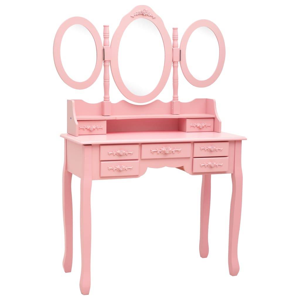 Tavolo da Trucco con Sgabello e Specchio Pieghevole in 3 Rosa