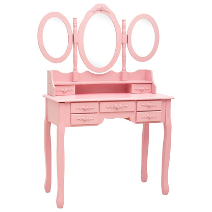 Tavolo da Trucco con Sgabello e Specchio Pieghevole in 3 Rosa