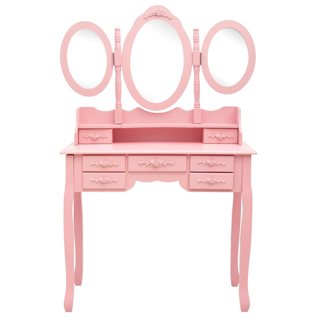 Tavolo da Trucco con Sgabello e Specchio Pieghevole in 3 Rosa