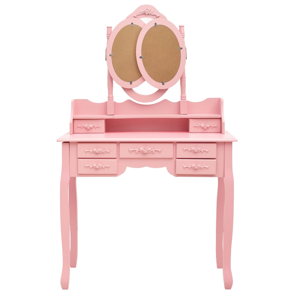 Tavolo da Trucco con Sgabello e Specchio Pieghevole in 3 Rosa