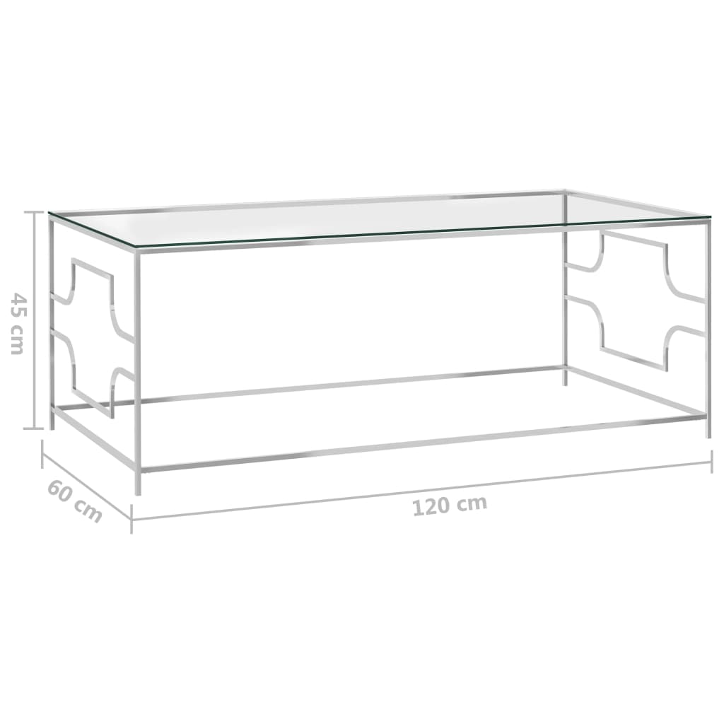 Tavolino da CaffÃ¨ Argento 120x60x45 cm in Acciaio Inox e Vetro