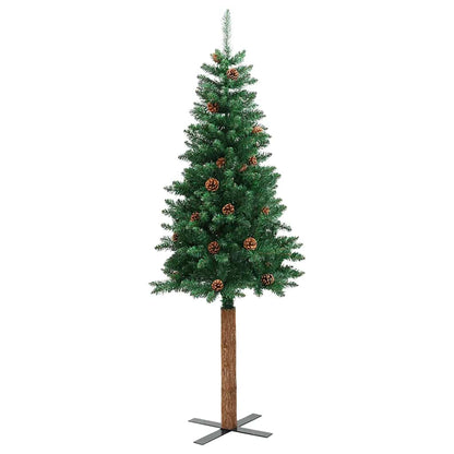 Albero di Natale Sottile con Legno Vero e Pigne Verde 150cm PVC