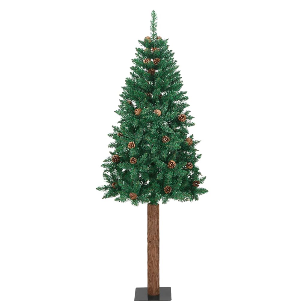 Albero di Natale Sottile con Legno Vero e Pigne Verde 180cm PVC