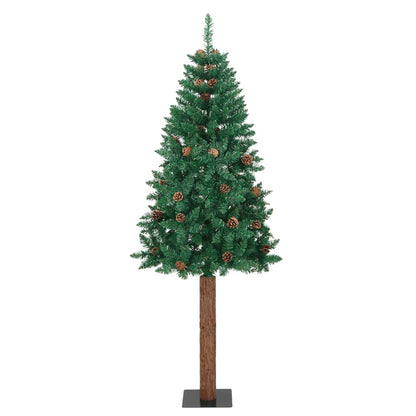 Albero di Natale Sottile con Legno Vero e Pigne Verde 180cm PVC