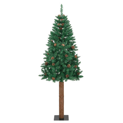 Albero di Natale Sottile con Legno Vero e Pigne Verde 210cm PVC
