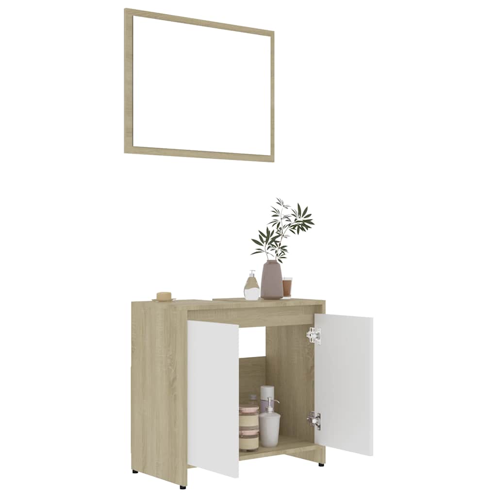 Set Mobili da Bagno Bianco e Rovere Sonoma in Legno Multistrato