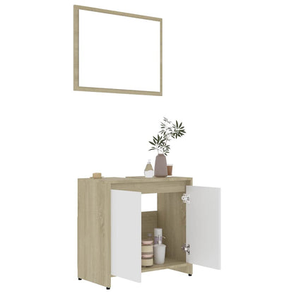 Set Mobili da Bagno Bianco e Rovere Sonoma in Legno Multistrato