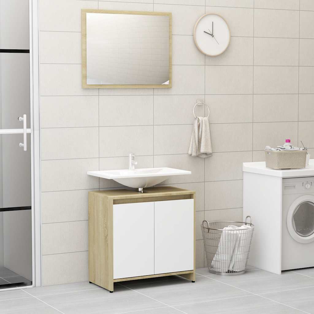 Set Mobili da Bagno Bianco e Rovere Sonoma in Legno Multistrato