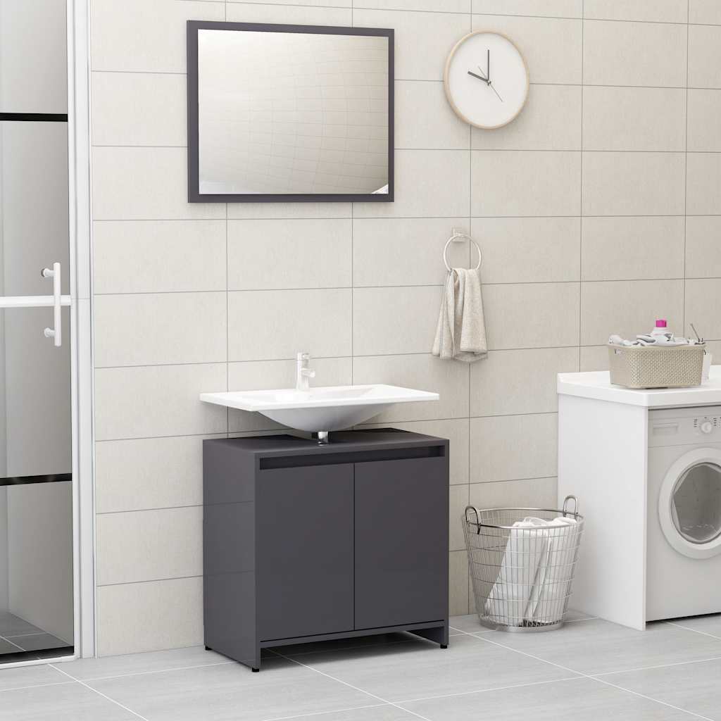 Set Mobili da Bagno Grigio Lucido in Legno Multistrato