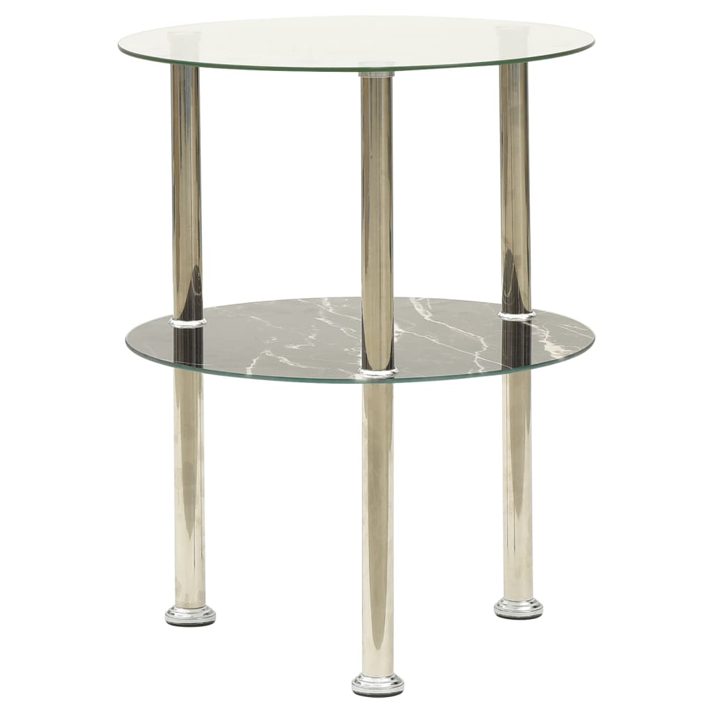 Tavolino a 2Livelli Trasparente&Nero Marmo 38cm Vetro Temperato