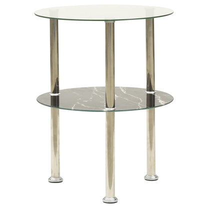 Tavolino a 2Livelli Trasparente&Nero Marmo 38cm Vetro Temperato
