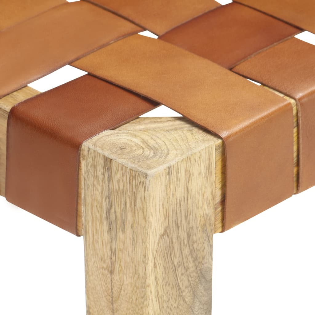 Sgabello Marrone Chiaro in Vera Pelle e Legno Massello di Mango