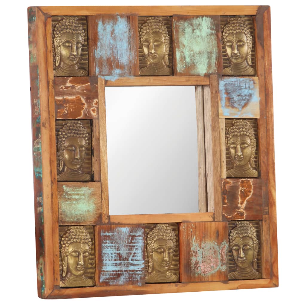 Specchio Decorato con Buddha 50x50cm Legno Massello di Recupero